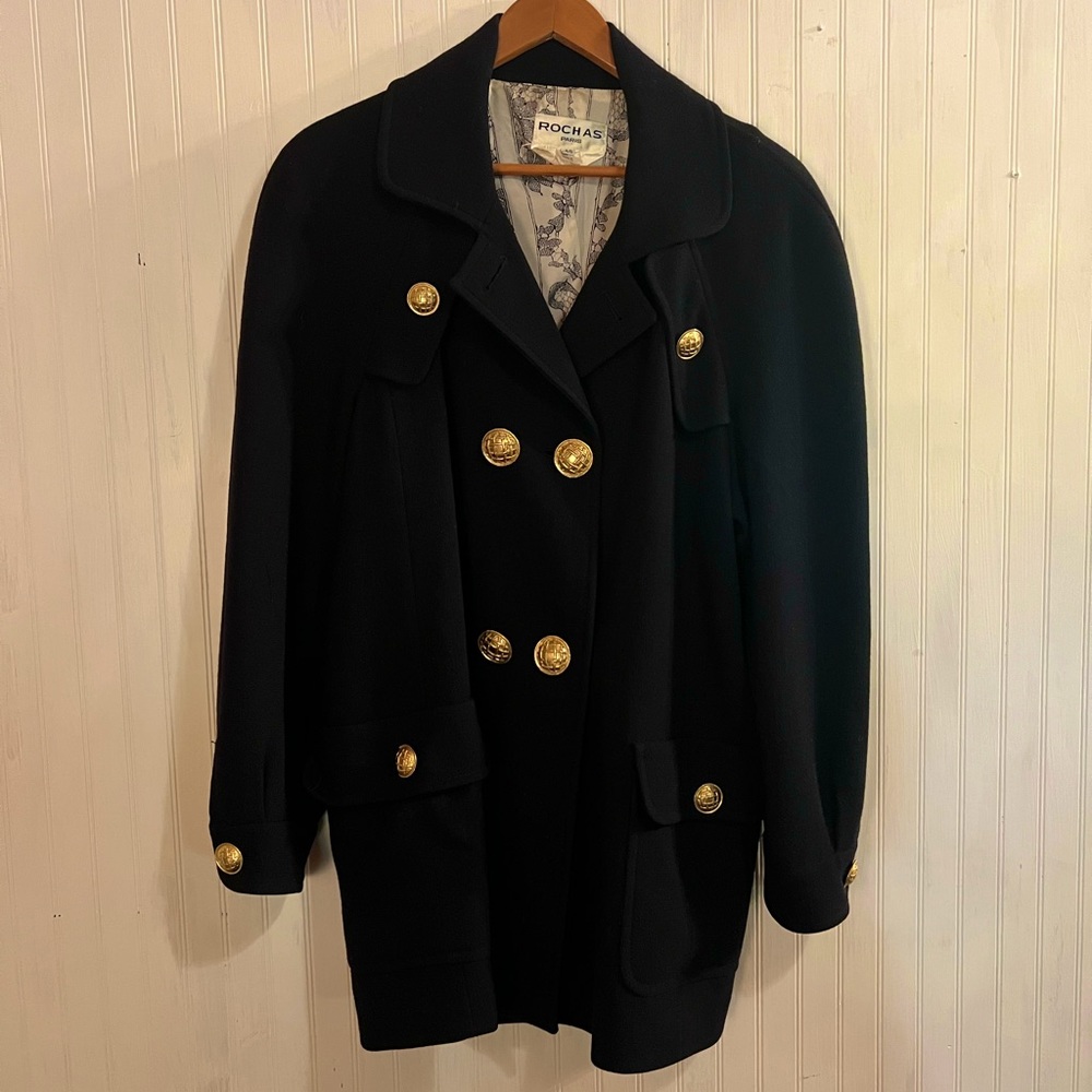Vintage EUC Rochas Navy Blue double breasted wool coat with gold buttons